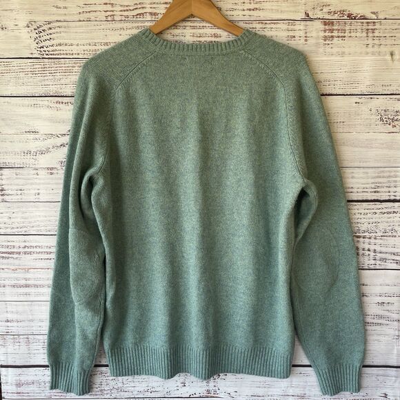 Lands End Men's L Merino Wool Green V Neck Sweater Elbow Patches Cottagecore - Picture 2 of 8